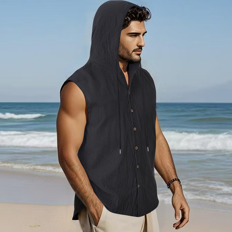 Clothes > Men's Clothing > Tops > T-Shirts  Summer Men's Loose Casual Linen Hooded Vest Sleeveless Trendy Hip-hop Shirt Linen Short-sleeved