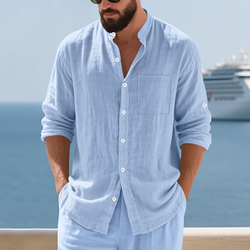 Clothes > Men's Clothing > Tops > Shirts  Men's Casual Cardigan Button-Down Shirt Henley Button Stand Collar Long Sleeve Shirt