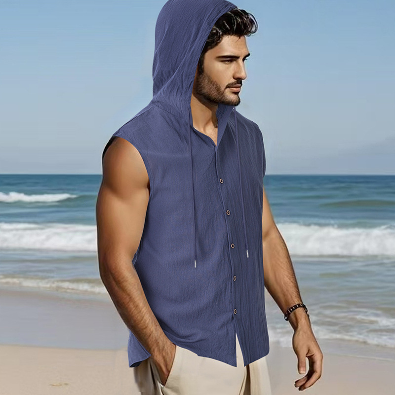 Clothes > Men's Clothing > Tops > T-Shirts  Summer Men's Loose Casual Linen Hooded Vest Sleeveless Trendy Hip-hop Shirt Linen Short-sleeved