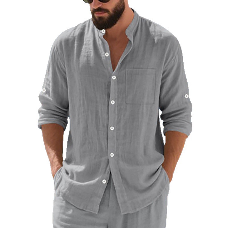 Clothes > Men's Clothing > Tops > Shirts  Men's Casual Cardigan Button-Down Shirt Henley Button Stand Collar Long Sleeve Shirt