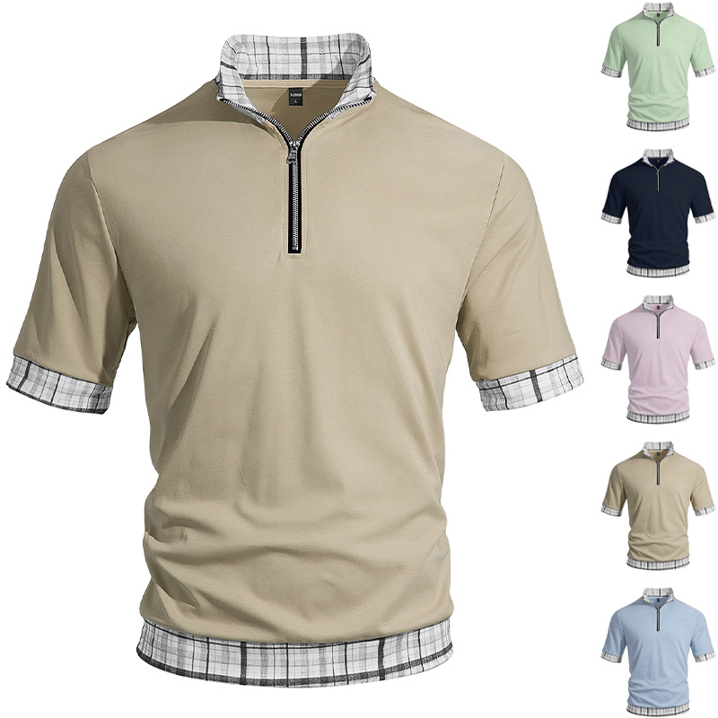 Clothes > Men's Clothing > Tops > T-Shirts  Men Short Sleeve Half Zip Lapel T-Shirt Plus Size Polo Shirt