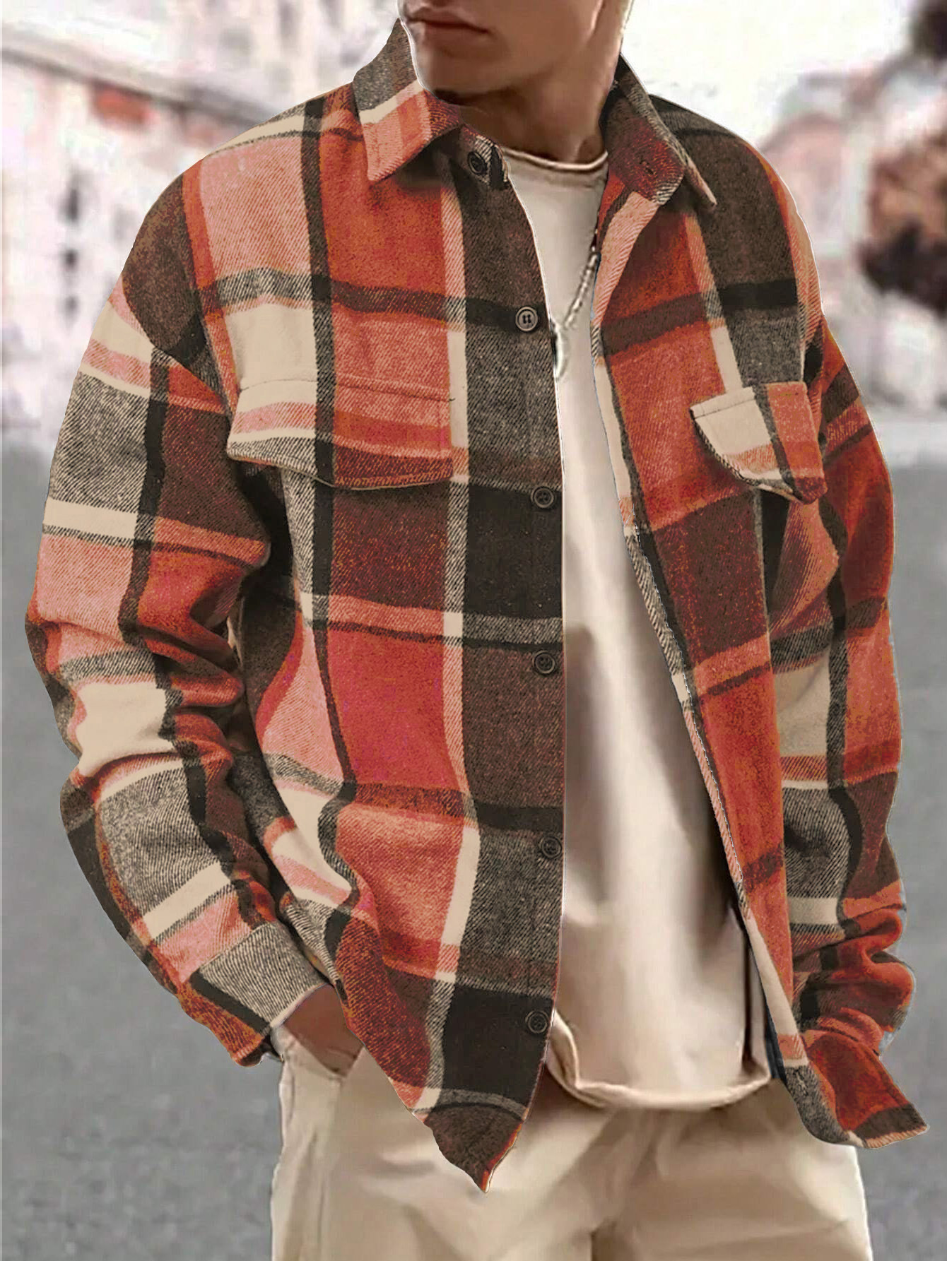 Clothes > Men's Clothing > Tops > Jackets & Coats  Men's Plaid Lapel Shirt, Long Sleeve Jacket