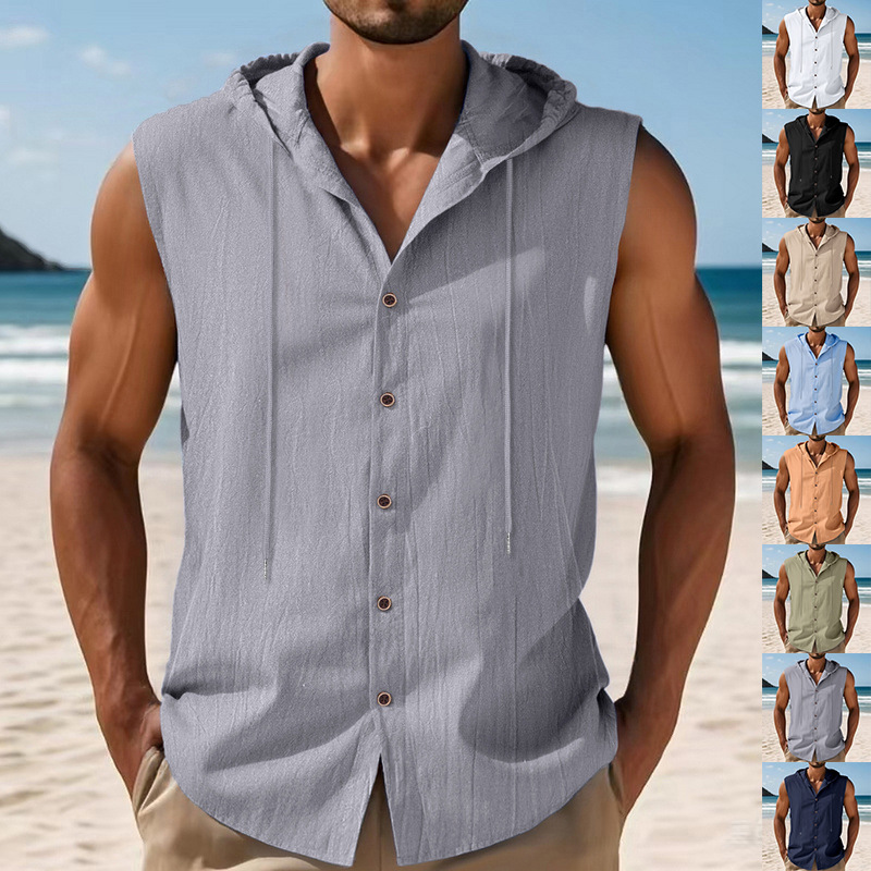 Clothes > Men's Clothing > Tops > T-Shirts  Summer Men's Loose Casual Linen Hooded Vest Sleeveless Trendy Hip-hop Shirt Linen Short-sleeved