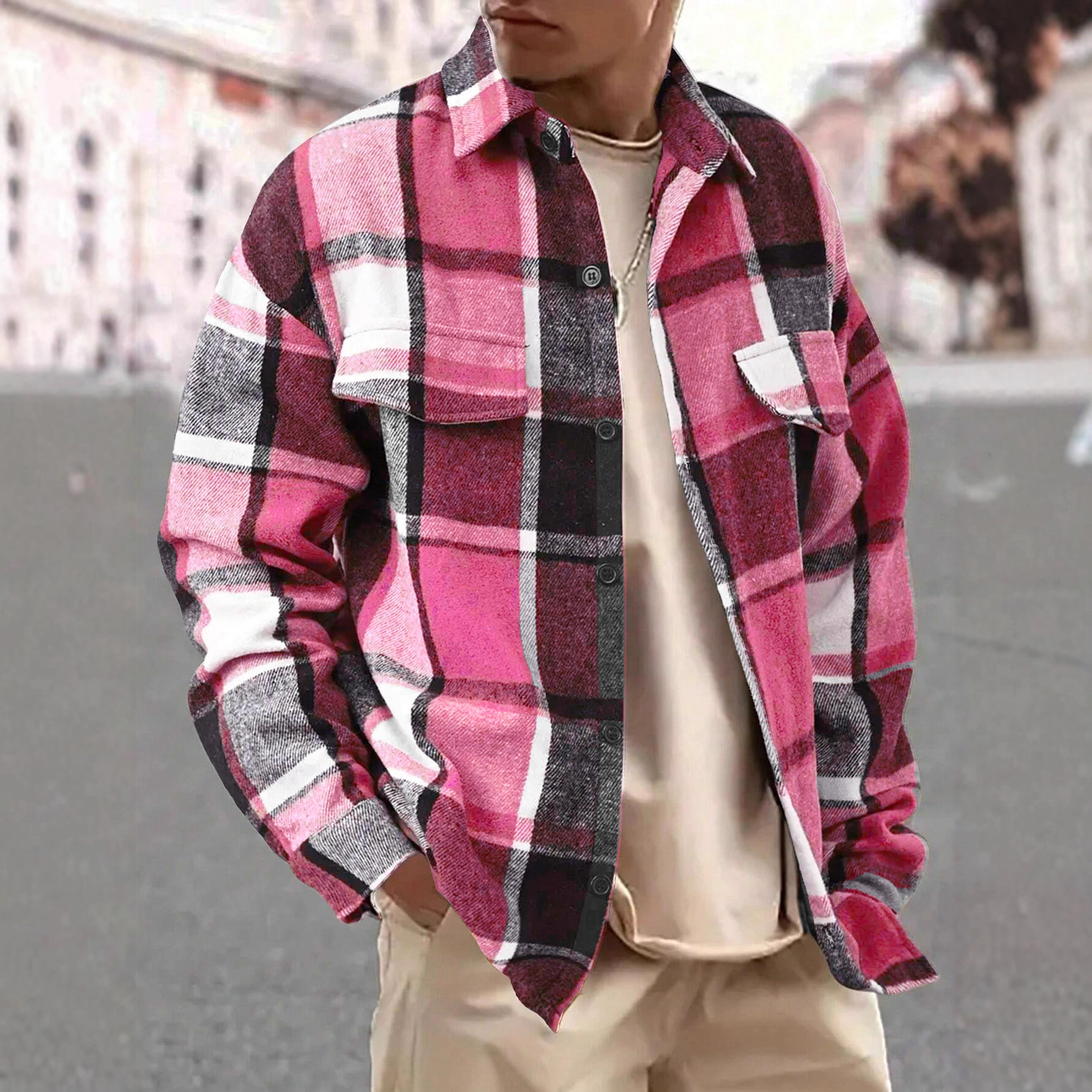 Clothes > Men's Clothing > Tops > Jackets & Coats  Men's Plaid Lapel Shirt, Long Sleeve Jacket
