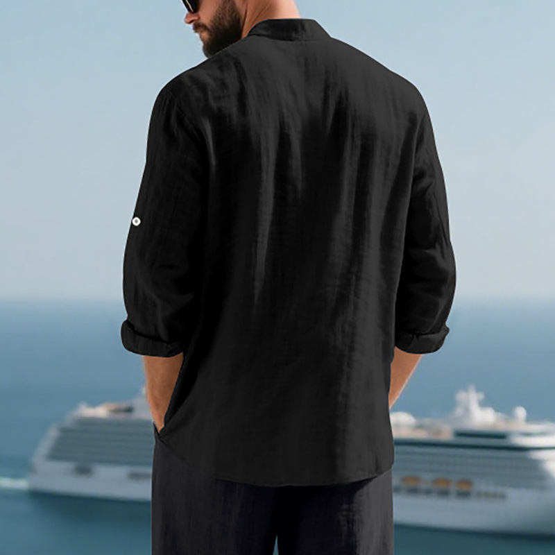 Clothes > Men's Clothing > Tops > Shirts  Men's Casual Cardigan Button-Down Shirt Henley Button Stand Collar Long Sleeve Shirt