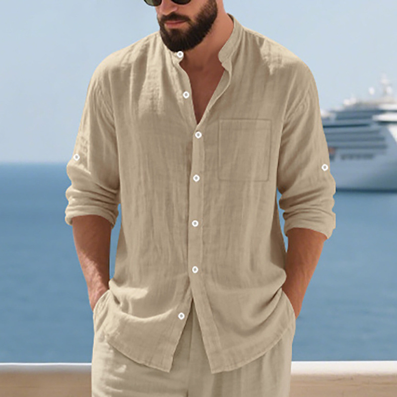 Clothes > Men's Clothing > Tops > Shirts  Men's Casual Cardigan Button-Down Shirt Henley Button Stand Collar Long Sleeve Shirt