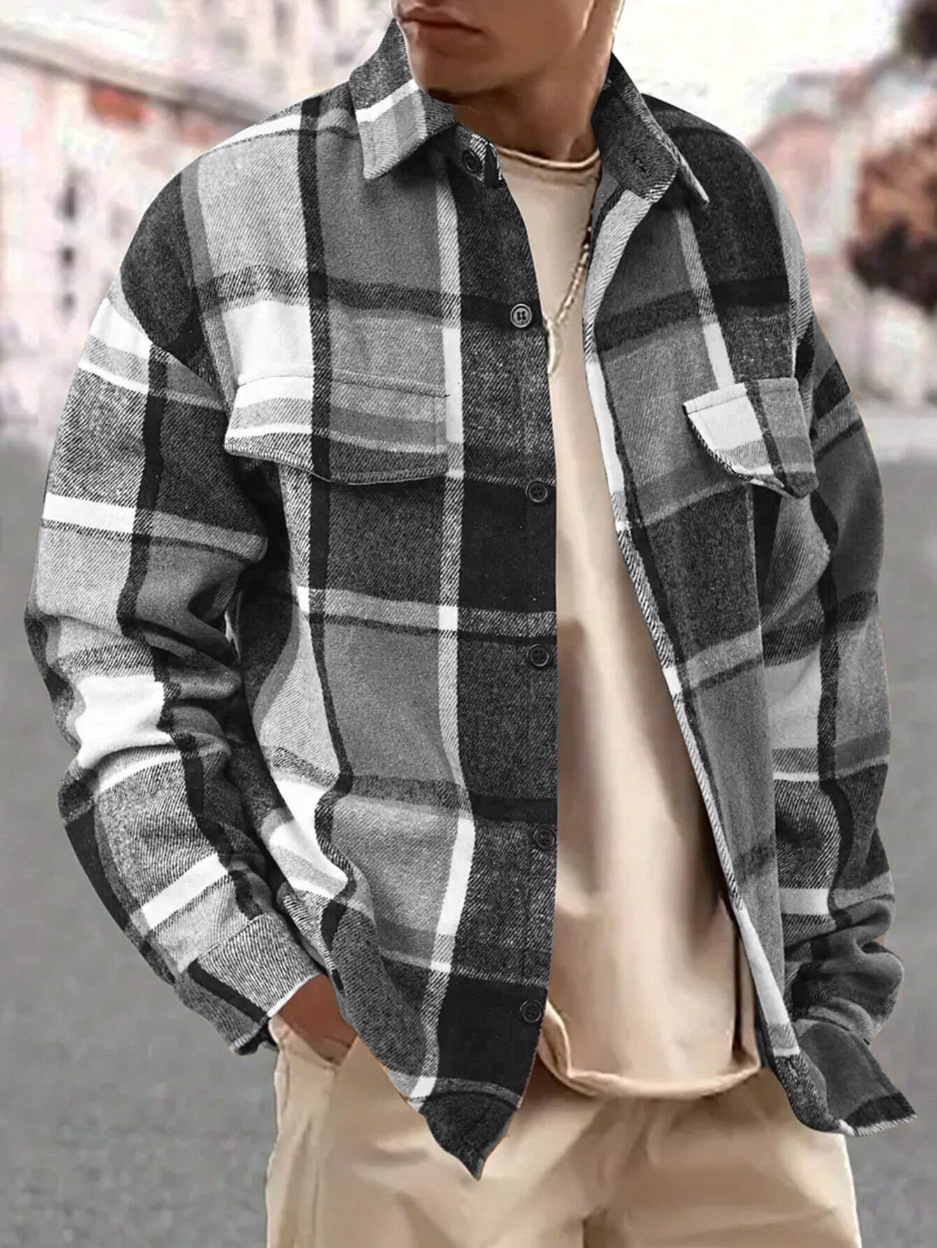 Clothes > Men's Clothing > Tops > Jackets & Coats  Men's Plaid Lapel Shirt, Long Sleeve Jacket