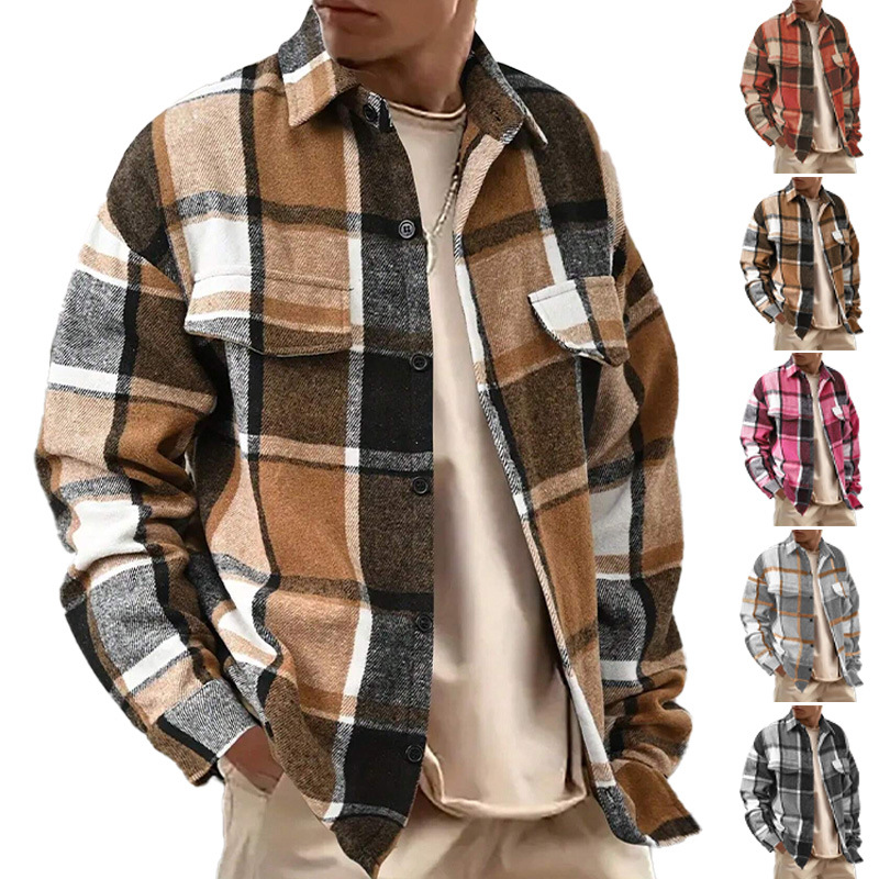 Clothes > Men's Clothing > Tops > Jackets & Coats  Men's Plaid Lapel Shirt, Long Sleeve Jacket