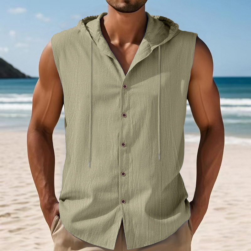 Clothes > Men's Clothing > Tops > T-Shirts  Summer Men's Loose Casual Linen Hooded Vest Sleeveless Trendy Hip-hop Shirt Linen Short-sleeved