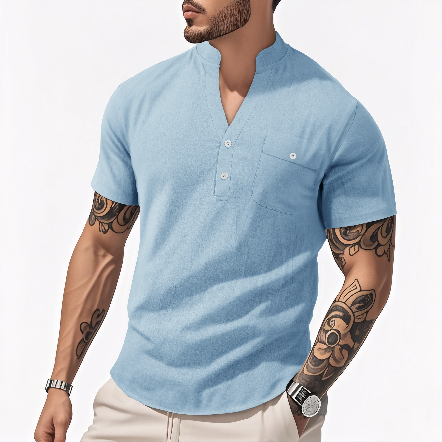 Clothes > Men's Clothing > Tops > T-Shirts  Men's Loose Short Sleeve Cotton Linen Stand Collar Shirt