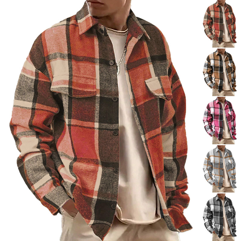 Clothes > Men's Clothing > Tops > Jackets & Coats  Men's Plaid Lapel Shirt, Long Sleeve Jacket