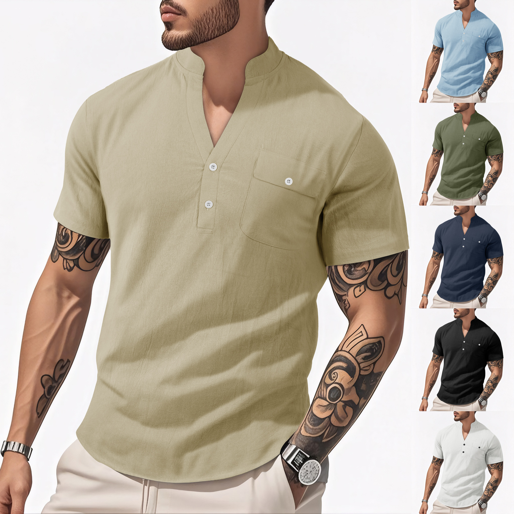 Clothes > Men's Clothing > Tops > T-Shirts  Men's Loose Short Sleeve Cotton Linen Stand Collar Shirt