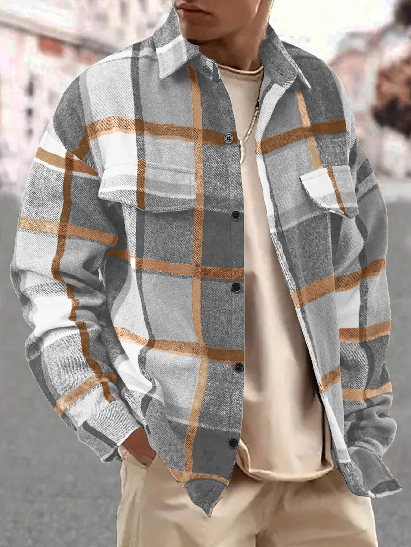 Clothes > Men's Clothing > Tops > Jackets & Coats  Men's Plaid Lapel Shirt, Long Sleeve Jacket