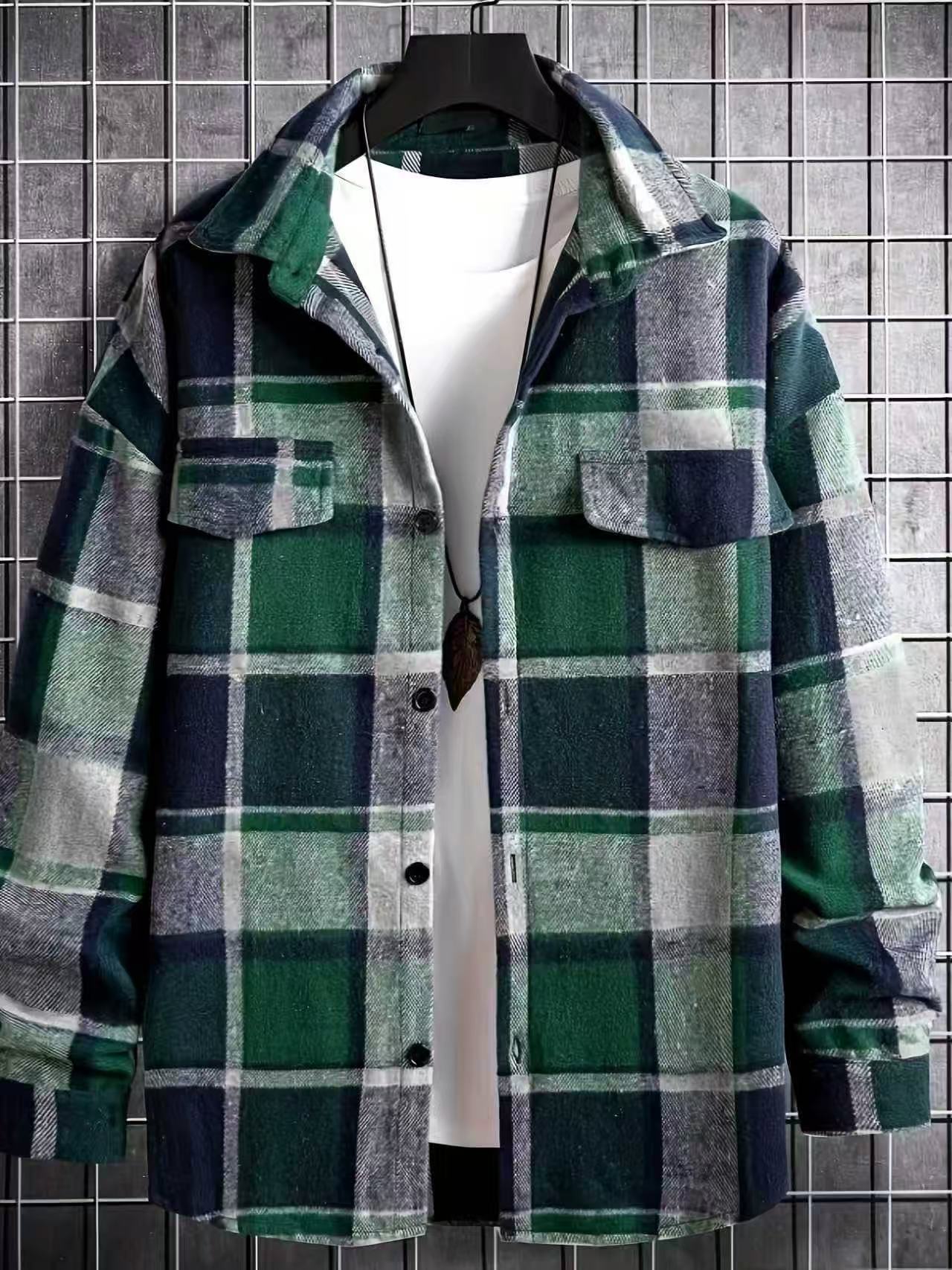 Clothes > Men's Clothing > Tops > Jackets & Coats  Men's Plaid Lapel Shirt, Long Sleeve Jacket