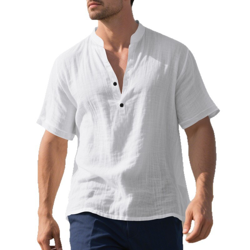 Clothes > Men's Clothing > Tops > T-Shirts  Men's casual loose shirt men's stand collar buttoned linen short sleeve solid color light mature casual