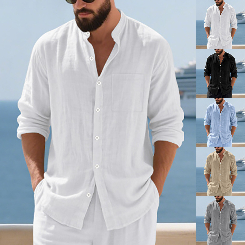 Clothes > Men's Clothing > Tops > Shirts  Men's Casual Cardigan Button-Down Shirt Henley Button Stand Collar Long Sleeve Shirt