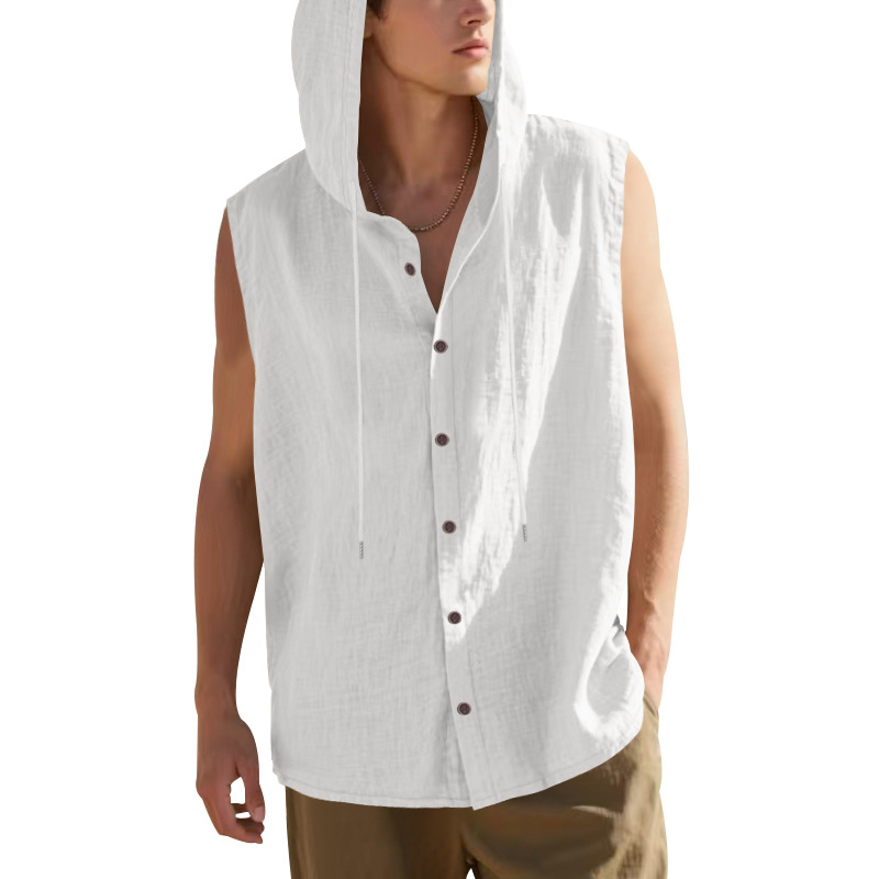 Clothes > Men's Clothing > Tops > T-Shirts  Men’s Summer Casual Sleeveless Vest Shirt: Linen, Hooded, Plain, Breathable, Loose-Fitting Top