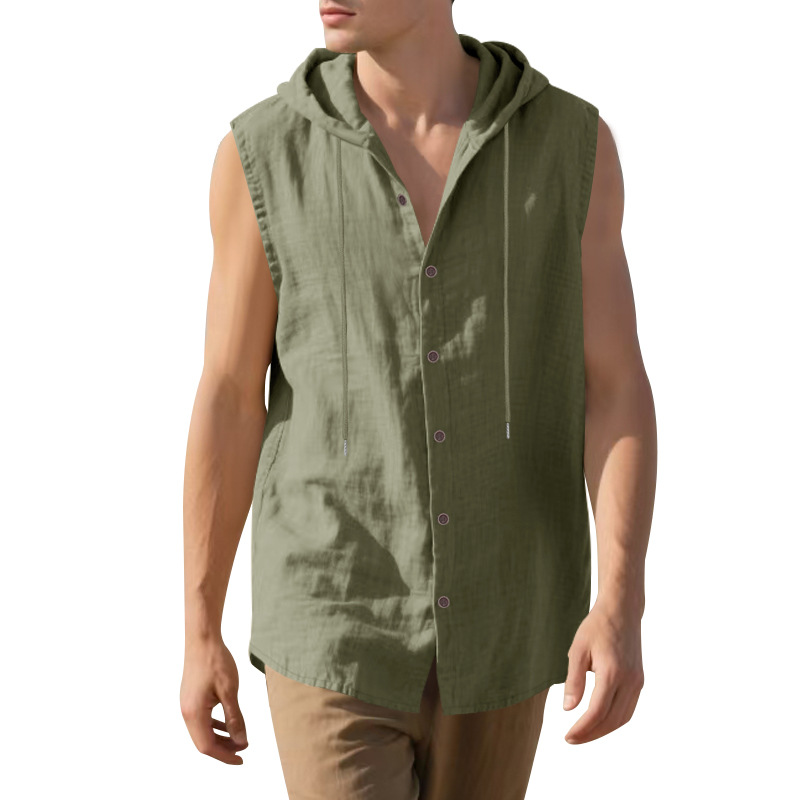Clothes > Men's Clothing > Tops > T-Shirts  Men’s Summer Casual Sleeveless Vest Shirt: Linen, Hooded, Plain, Breathable, Loose-Fitting Top