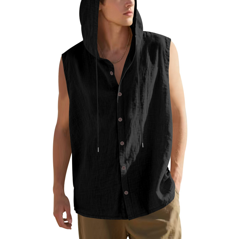 Clothes > Men's Clothing > Tops > T-Shirts  Men’s Summer Casual Sleeveless Vest Shirt: Linen, Hooded, Plain, Breathable, Loose-Fitting Top