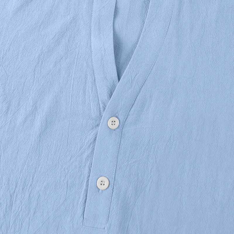 Clothes > Men's Clothing > Tops > T-Shirts Men’s Casual Loose-Fit Shirt: Men’s Stand-Up Collar, Button-Up, Linen, Short-Sleeved, Plain Colour, Mature Casual Style