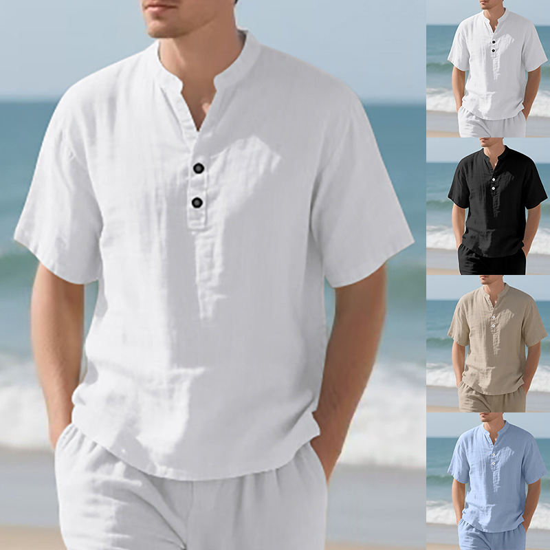 Clothes > Men's Clothing > Tops > T-Shirts Men’s Casual Loose-Fit Shirt: Men’s Stand-Up Collar, Button-Up, Linen, Short-Sleeved, Plain Colour, Mature Casual Style