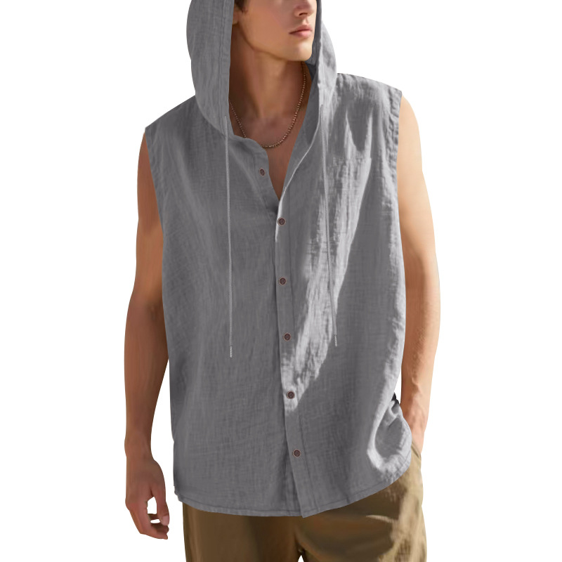 Clothes > Men's Clothing > Tops > T-Shirts  Men’s Summer Casual Sleeveless Vest Shirt: Linen, Hooded, Plain, Breathable, Loose-Fitting Top