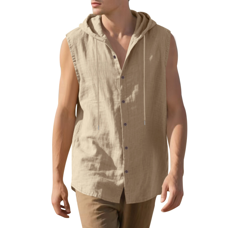 Clothes > Men's Clothing > Tops > T-Shirts  Men’s Summer Casual Sleeveless Vest Shirt: Linen, Hooded, Plain, Breathable, Loose-Fitting Top