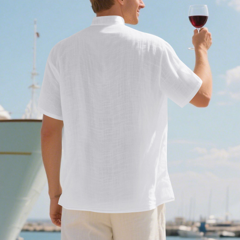Clothes > Men's Clothing > Tops > T-Shirts Men’s Casual Loose-Fit Shirt: Men’s Stand-Up Collar, Button-Up, Linen, Short-Sleeved, Plain Colour, Mature Casual Style