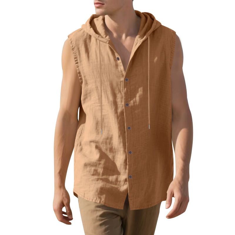 Clothes > Men's Clothing > Tops > T-Shirts  Men’s Summer Casual Sleeveless Vest Shirt: Linen, Hooded, Plain, Breathable, Loose-Fitting Top