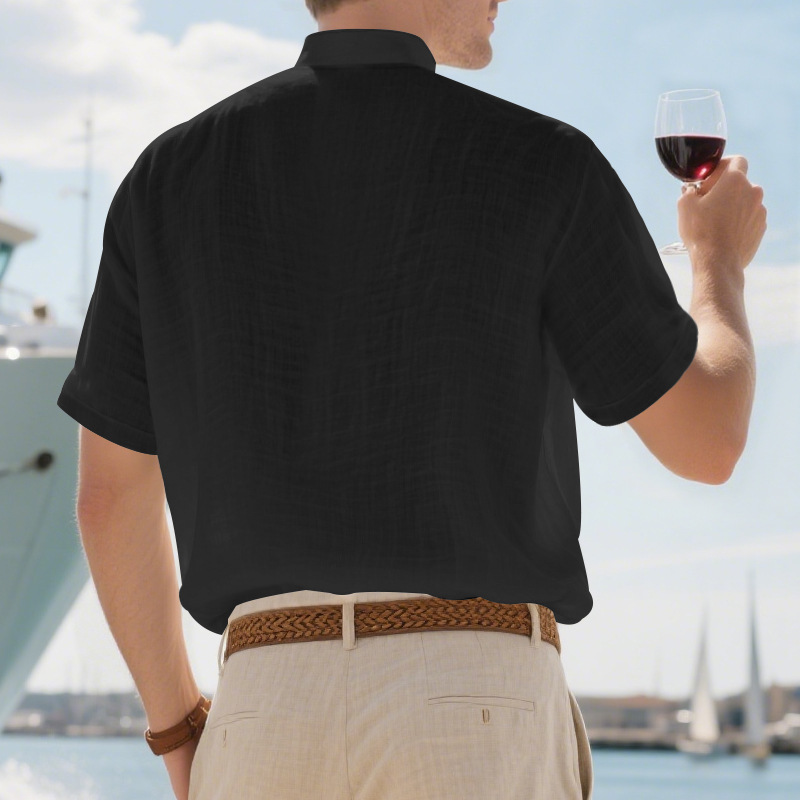 Clothes > Men's Clothing > Tops > T-Shirts Men’s Casual Loose-Fit Shirt: Men’s Stand-Up Collar, Button-Up, Linen, Short-Sleeved, Plain Colour, Mature Casual Style