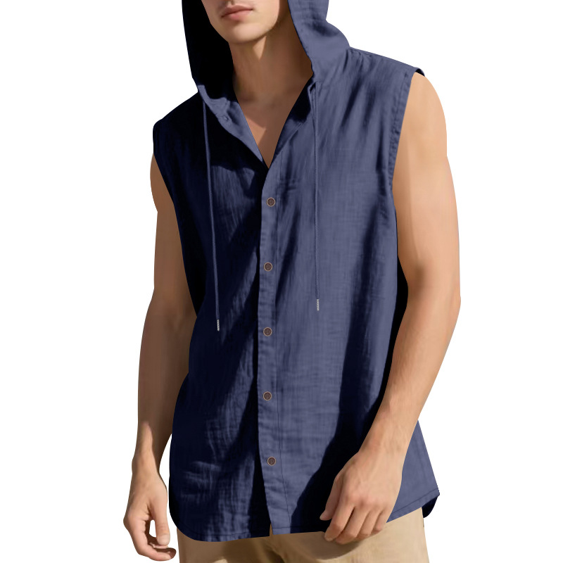 Clothes > Men's Clothing > Tops > T-Shirts  Men’s Summer Casual Sleeveless Vest Shirt: Linen, Hooded, Plain, Breathable, Loose-Fitting Top