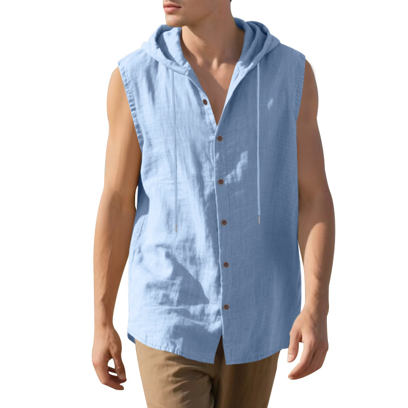 Clothes > Men's Clothing > Tops > T-Shirts  Men’s Summer Casual Sleeveless Vest Shirt: Linen, Hooded, Plain, Breathable, Loose-Fitting Top