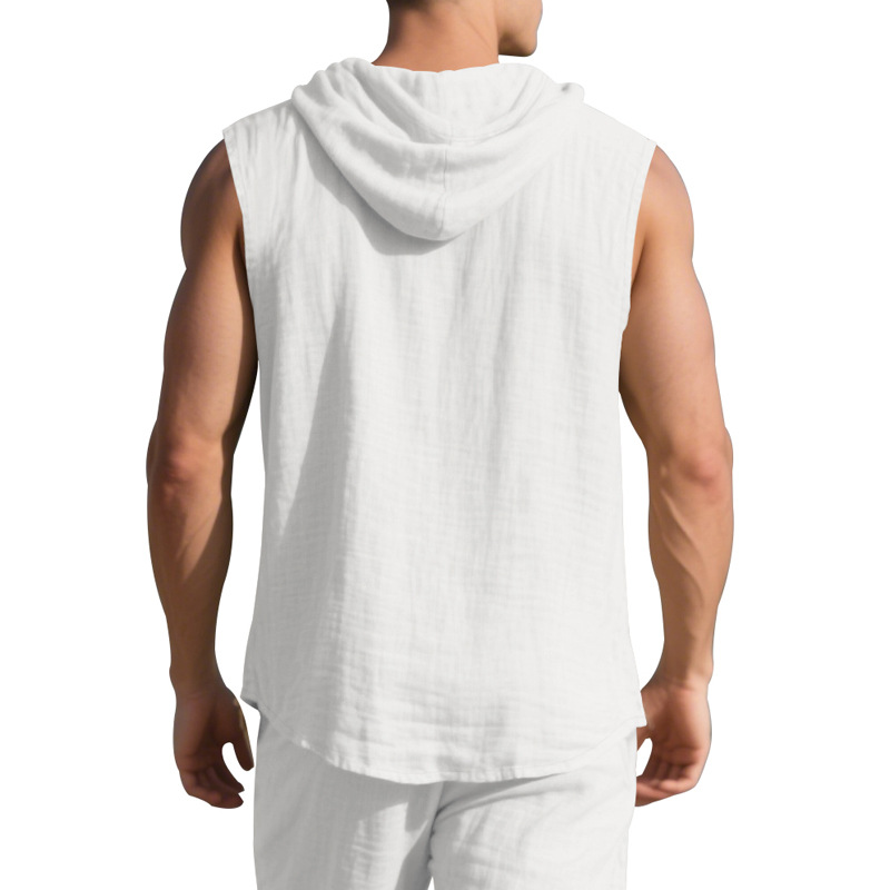 Clothes > Men's Clothing > Tops > T-Shirts  Men’s Summer Casual Sleeveless Vest Shirt: Linen, Hooded, Plain, Breathable, Loose-Fitting Top