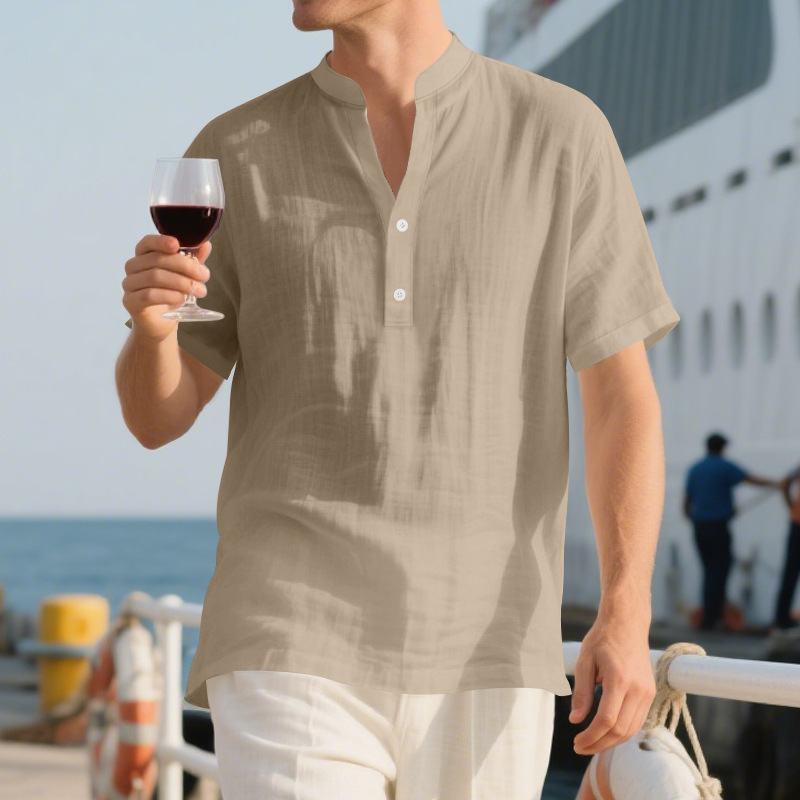 Clothes > Men's Clothing > Tops > T-Shirts Men’s Casual Loose-Fit Shirt: Men’s Stand-Up Collar, Button-Up, Linen, Short-Sleeved, Plain Colour, Mature Casual Style