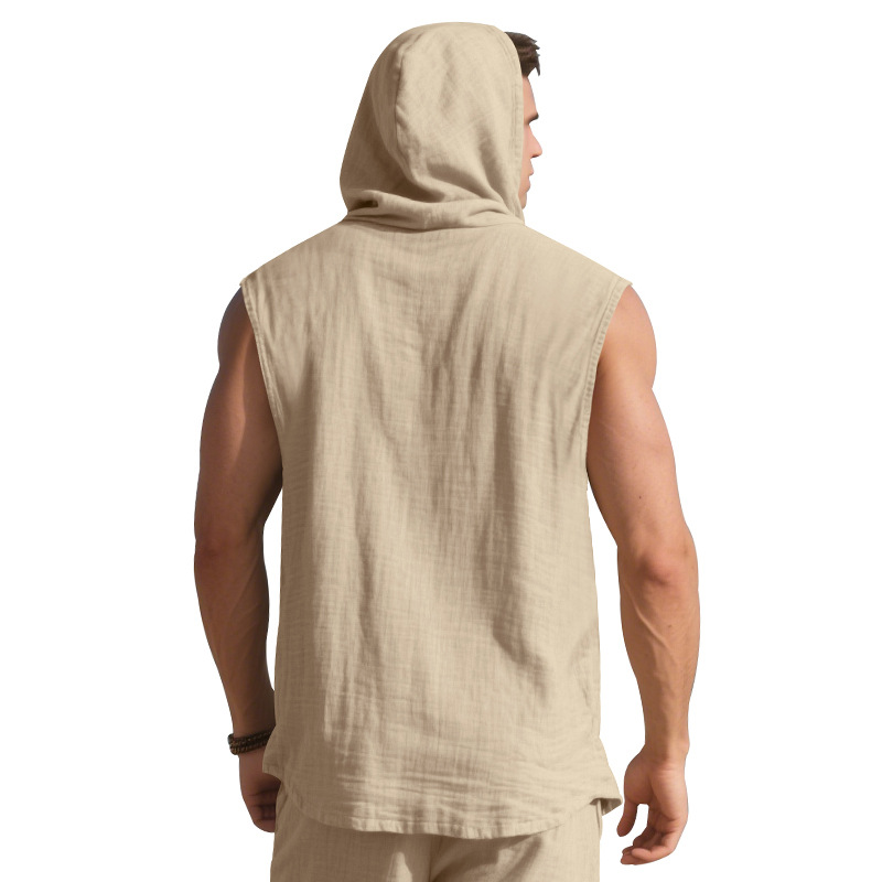 Clothes > Men's Clothing > Tops > T-Shirts  Men’s Summer Casual Sleeveless Vest Shirt: Linen, Hooded, Plain, Breathable, Loose-Fitting Top