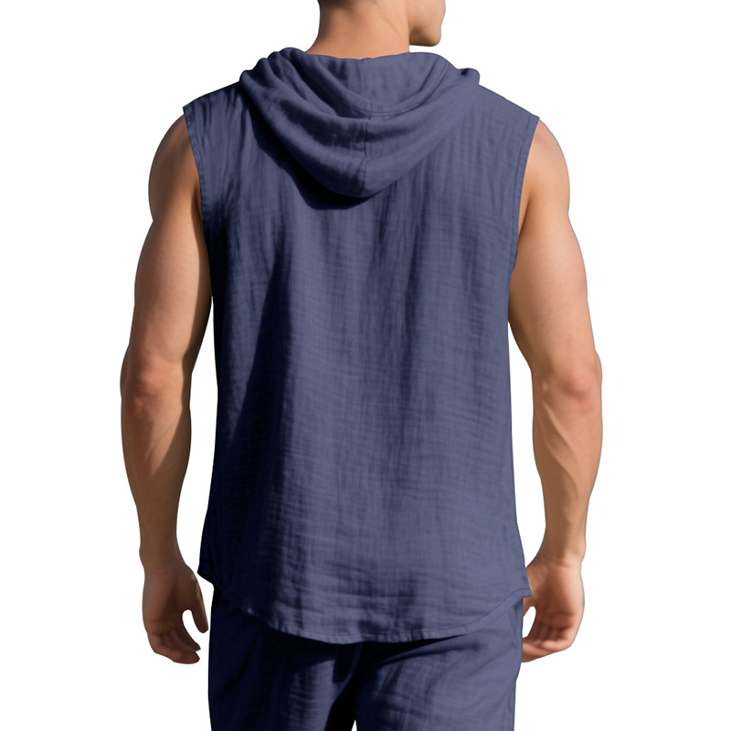 Clothes > Men's Clothing > Tops > T-Shirts  Men’s Summer Casual Sleeveless Vest Shirt: Linen, Hooded, Plain, Breathable, Loose-Fitting Top