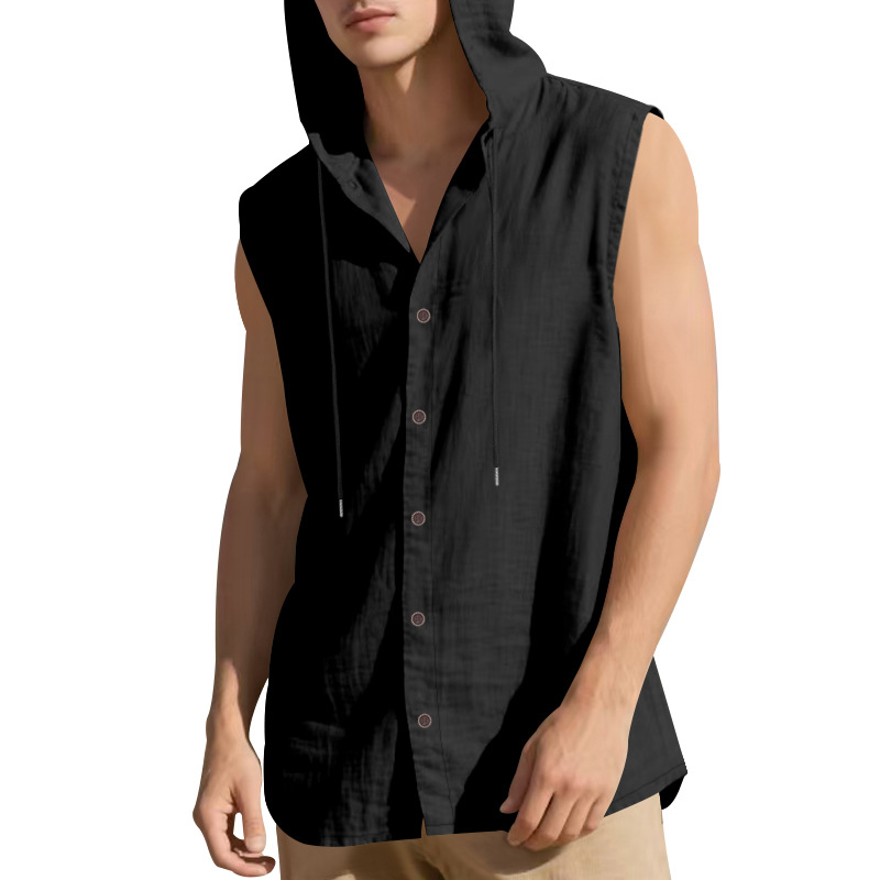 Clothes > Men's Clothing > Tops > T-Shirts  Men’s Summer Casual Sleeveless Vest Shirt: Linen, Hooded, Plain, Breathable, Loose-Fitting Top