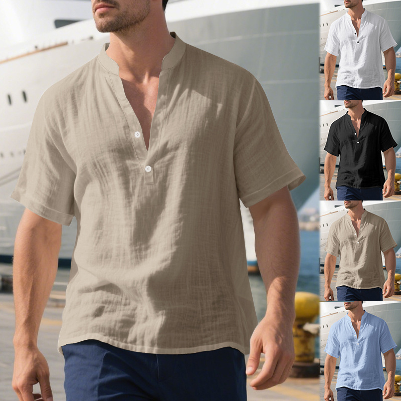 Clothes > Men's Clothing > Tops > T-Shirts Men’s Casual Loose-Fit Shirt: Men’s Stand-Up Collar, Button-Up, Linen, Short-Sleeved, Plain Colour, Mature Casual Style