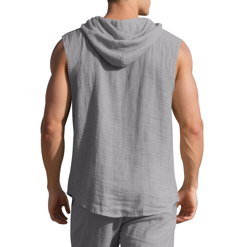 Clothes > Men's Clothing > Tops > T-Shirts  Men’s Summer Casual Sleeveless Vest Shirt: Linen, Hooded, Plain, Breathable, Loose-Fitting Top