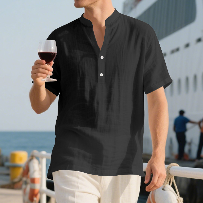 Clothes > Men's Clothing > Tops > T-Shirts Men’s Casual Loose-Fit Shirt: Men’s Stand-Up Collar, Button-Up, Linen, Short-Sleeved, Plain Colour, Mature Casual Style