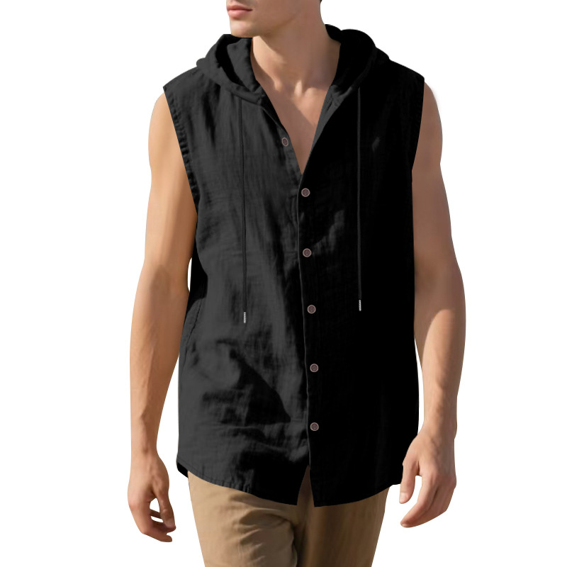 Clothes > Men's Clothing > Tops > T-Shirts  Men’s Summer Casual Sleeveless Vest Shirt: Linen, Hooded, Plain, Breathable, Loose-Fitting Top