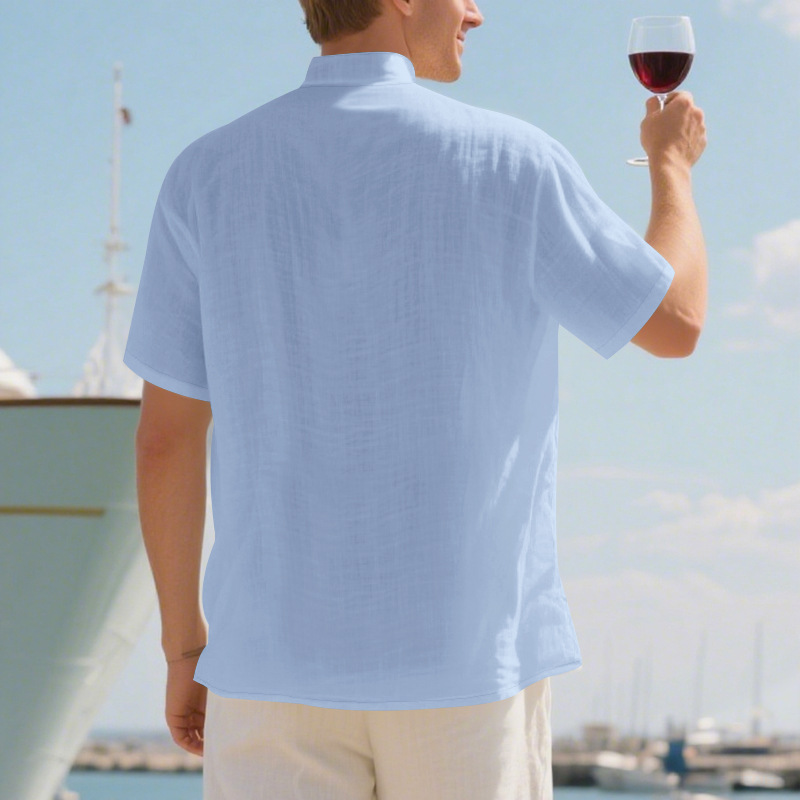Clothes > Men's Clothing > Tops > T-Shirts Men’s Casual Loose-Fit Shirt: Men’s Stand-Up Collar, Button-Up, Linen, Short-Sleeved, Plain Colour, Mature Casual Style