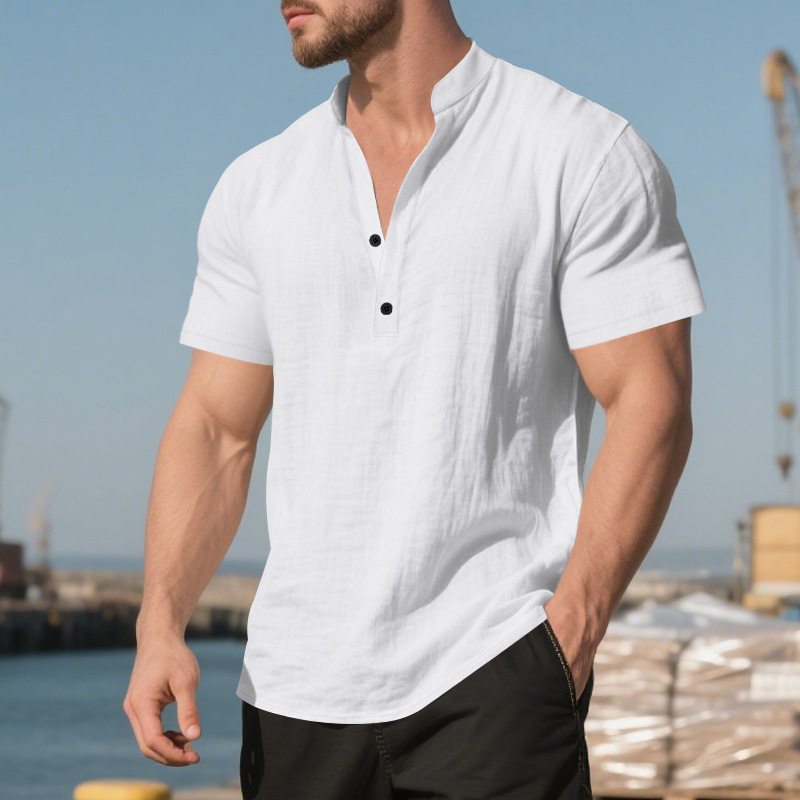 Clothes > Men's Clothing > Tops > T-Shirts Men’s Casual Loose-Fit Shirt: Men’s Stand-Up Collar, Button-Up, Linen, Short-Sleeved, Plain Colour, Mature Casual Style