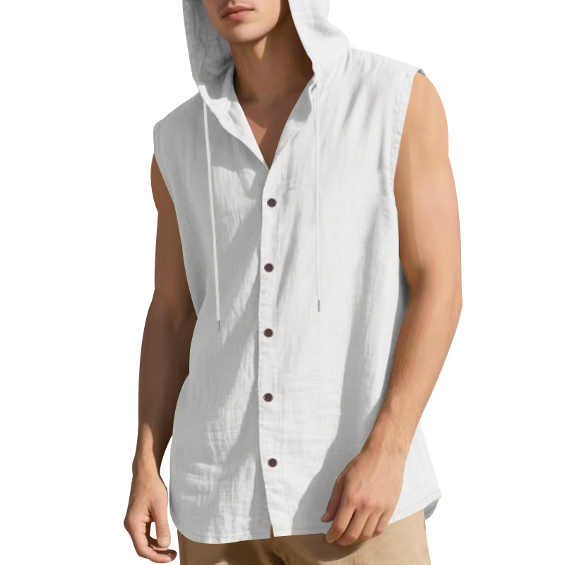 Clothes > Men's Clothing > Tops > T-Shirts  Men’s Summer Casual Sleeveless Vest Shirt: Linen, Hooded, Plain, Breathable, Loose-Fitting Top