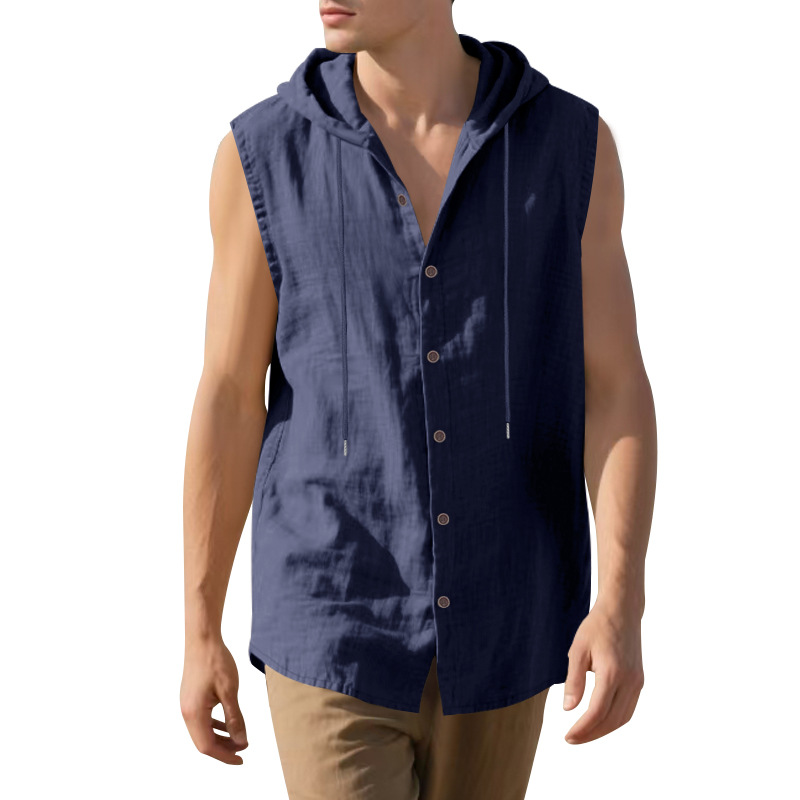 Clothes > Men's Clothing > Tops > T-Shirts  Men’s Summer Casual Sleeveless Vest Shirt: Linen, Hooded, Plain, Breathable, Loose-Fitting Top