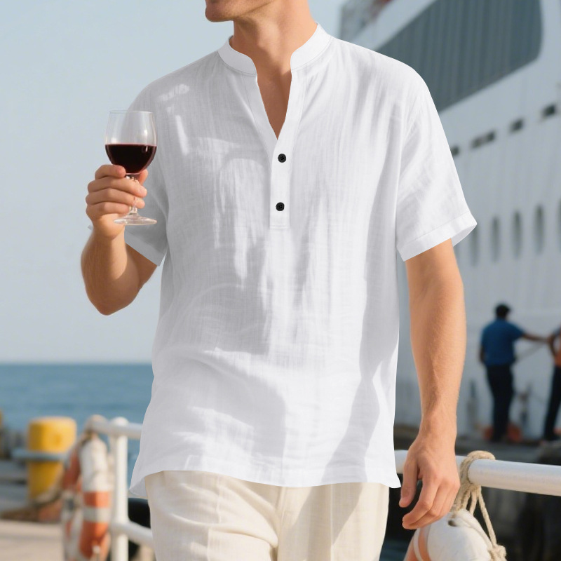 Clothes > Men's Clothing > Tops > T-Shirts Men’s Casual Loose-Fit Shirt: Men’s Stand-Up Collar, Button-Up, Linen, Short-Sleeved, Plain Colour, Mature Casual Style