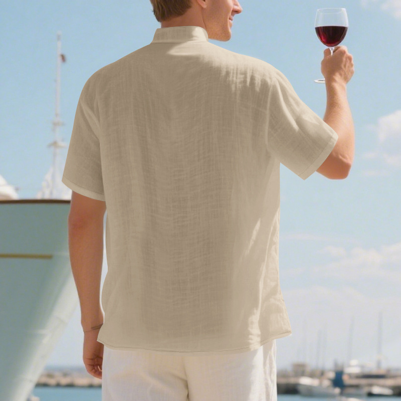 Clothes > Men's Clothing > Tops > T-Shirts Men’s Casual Loose-Fit Shirt: Men’s Stand-Up Collar, Button-Up, Linen, Short-Sleeved, Plain Colour, Mature Casual Style