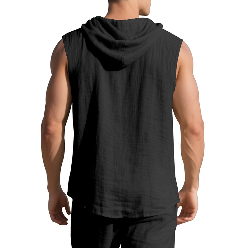 Clothes > Men's Clothing > Tops > T-Shirts  Men’s Summer Casual Sleeveless Vest Shirt: Linen, Hooded, Plain, Breathable, Loose-Fitting Top