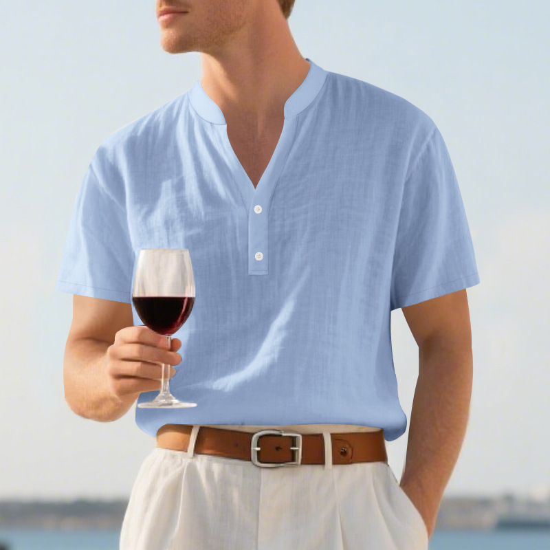 Clothes > Men's Clothing > Tops > T-Shirts Men’s Casual Loose-Fit Shirt: Men’s Stand-Up Collar, Button-Up, Linen, Short-Sleeved, Plain Colour, Mature Casual Style
