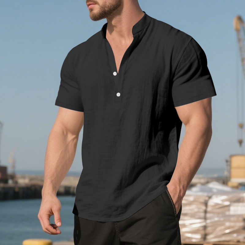 Clothes > Men's Clothing > Tops > T-Shirts Men’s Casual Loose-Fit Shirt: Men’s Stand-Up Collar, Button-Up, Linen, Short-Sleeved, Plain Colour, Mature Casual Style